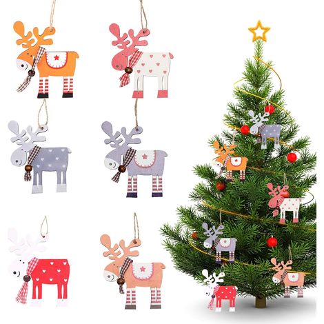 12 Pièces Décorations de Noël en Bois, Decoration Noel, Ornements Suspendus de Renne en Bois, Décorations de Bricolage Arbre de Noël avec Corde, Noel Decoration, Ornements Bonhomme de Noël (1/5)