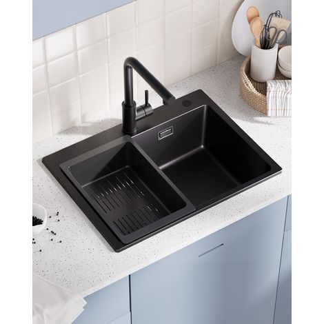 Granitspüle 60 × 45 cm, Granit-Küchenspüle mit Abtropfkorb, Aufsatzspüle, inkl. Siphon, Stöpsel und Überlauf