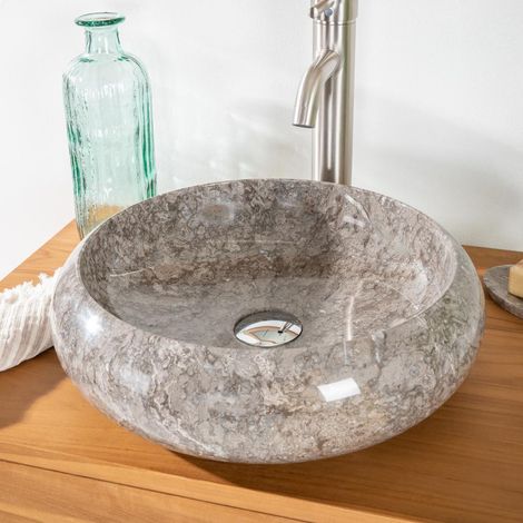 Wanda Collection – Vasque à poser ronde en marbre gris 40cm – Hauteur 12,5cm – Perçage aux normes européennes – Pour salle de bain moderne (1/5)