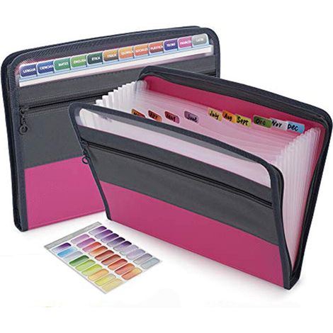 Robuster Dokumentenorganizer im Akkordeonstil mit erweiterbaren Dokumententaschen, Klebeetiketten und einer Vordertasche geeignet für Zuhause, Büro und Schule.