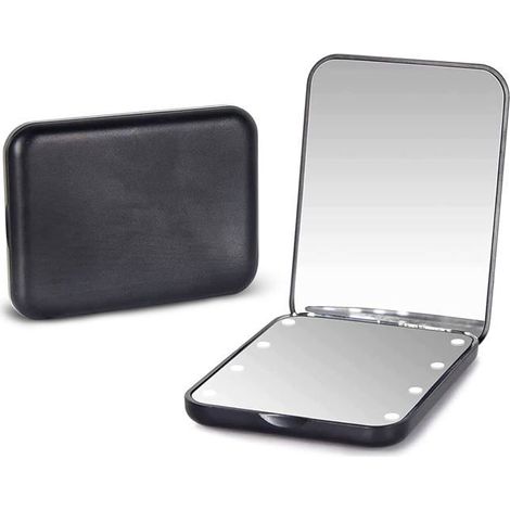 Ecleanfy - Miroir de poche, miroir de maquillage portable à LED avec grossissement 1x/2x, avec lumière, double face, pliable, portable, noir. (1/5)