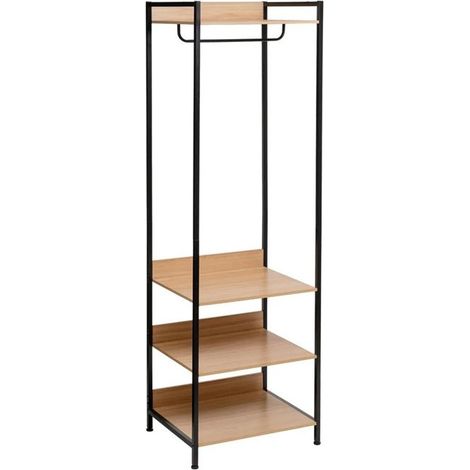 Portant de dressing - JUANIO - Modèle industriel - Métal noir - Étagères chêne clair - 60x48x190 cm (1/5)