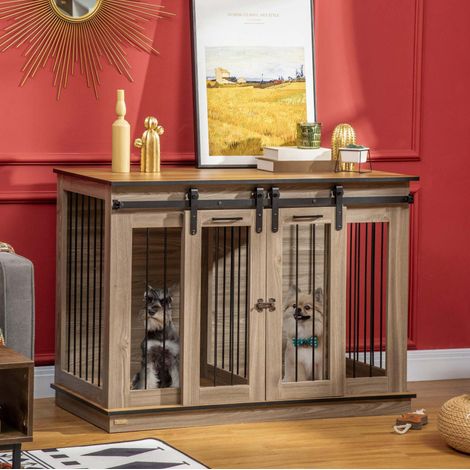Hundekäfig für drinnen aus Holz in Eichenoptik, 120 x 60 x 88,5 cm, mit 2 Türen (1/5)