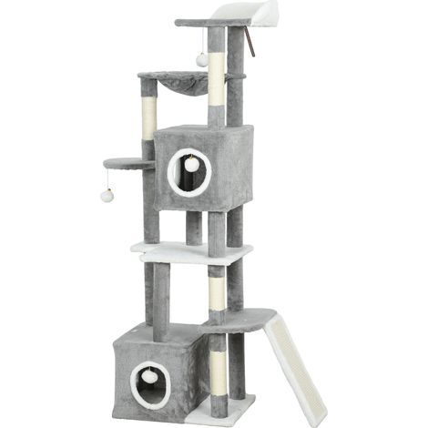 Katzenbaum mit Spielturm, Aktivitätszentrum, 2 Verstecken, Plattformen, Hängematte, Leiter und 4 Pompons, 165 cm, grau