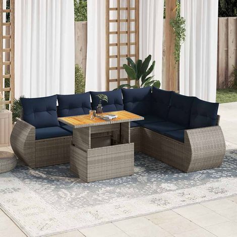 Set de sofás de jardín 7 pzas con cojines ratán sintético gris vidaXL (1/5)