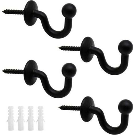 Set of 4 Curtain Hooks 61mm Black Metal Tiebacks Wall Curtain Holdbacks Curtain Tiebacks U Design Multifunctional for Gathering Curtains and Hanging Clothes or Bags (1/4)