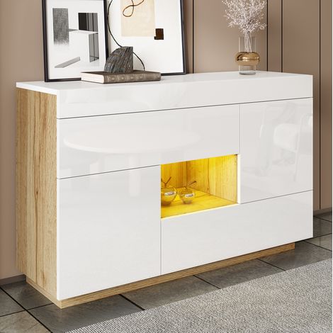 Aparador lacado con LED 16 colores, 2 cajones, 2 puertas, 120 x 76,5 x 37 cm DESVIAE (1/5)