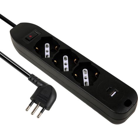 Multiprise 3 Prises P40 polyvalentes + 2 USB (1 Type A + 1 Type C) 17 W avec Interrupteur avec Protection de sur-Courant, Prise Petite Italienne 10 A Gain de Place, câble 1,5 m (1/5)