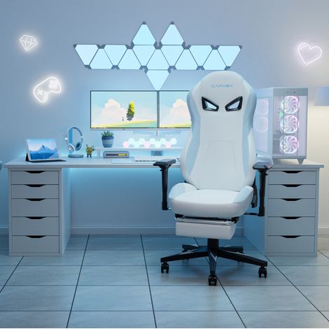 Chaise gaming ergonomique 60x53x132 cm blanc et bleu, repose-pieds, faux cuir MEUBLIV (1/5)