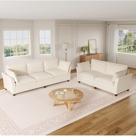 Divano modulare 3 posti + 2 posti, 220 x 81 x 87 cm e 155 x 81 x 87 cm, ciniglia, con cuscini - beige (1/5)