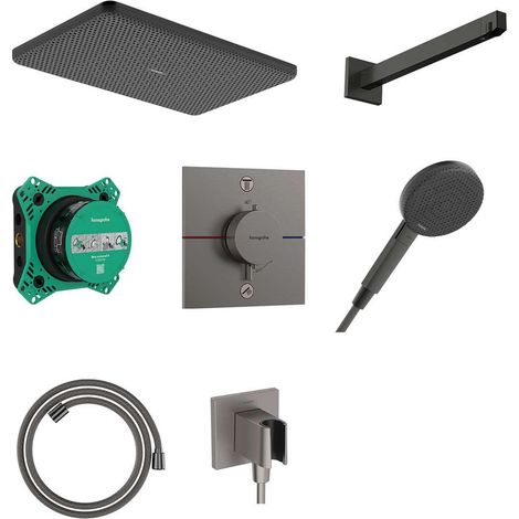 Hansgrohe Raindance Alive Q - Set de douche avec thermostat encastré, avec corps d’encastrement, 21x34 cm, 3 jets, chrome noir brossé 24620340 (1/5)