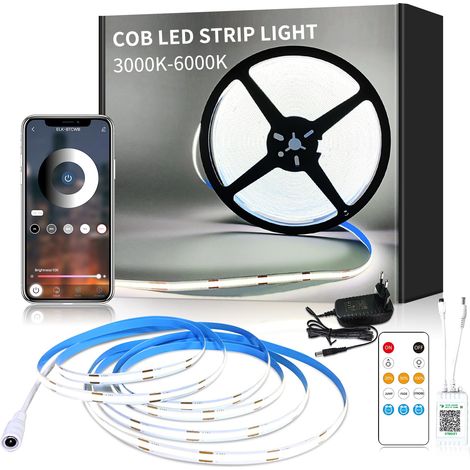 Ruban LED 5M avec Télécommande Contrôle APP DC24V 6000K Blanc Flexible Bande LED COB Dimmable Convient pour Chambre, Placard, DIY Décoration (1/5)