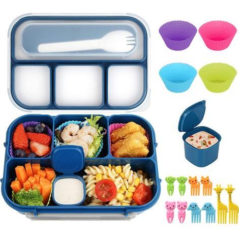 Bento-Lunchbox mit 4 Fächern, Soßenbehälter, Besteck, Snackspieße und Muffinformen für die Schule/