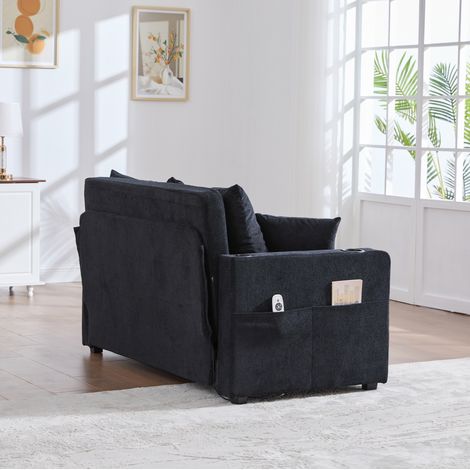 Canapé-lit 139x83x58 cm nero en chenille avec fonction convertible, poche latérale et coussins (1/5)