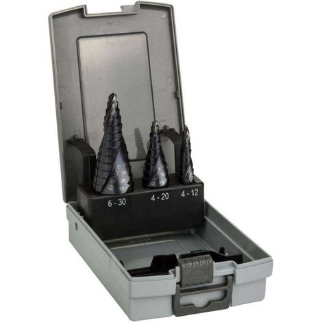 Coffret de 3 Fraises étagées Bosch Pro 2608588069 HSS-AlTiN queue 3 pans - Ø 4-12 / 4-20 / 6-30mm