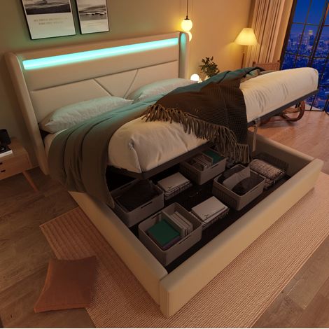 Cama baúl 140 x 200 cm con tira LED y mando, PU blanco DESVIAE (1/5)