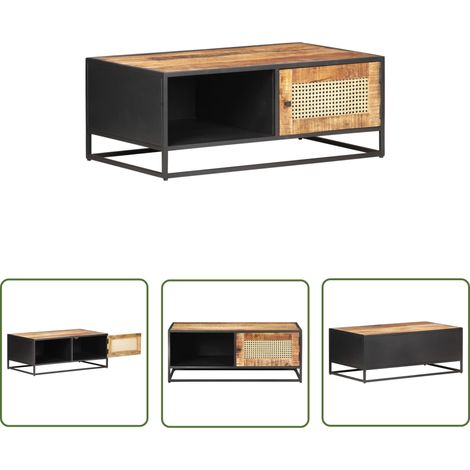 The Living Store Table basse 90x50x35cm Bois de manguier brut et canne naturelle - Table Basse - Meuble Rustique - Bois De Manguier - Table D'appoint - Design Naturel (1/5)