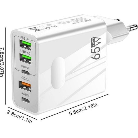 (Weiß) 65-W-Schnellladegerät mit 5 Anschlüssen (2 USB-C + 2 USB + 1 QC 3.0) für Samsung Galaxy Tab A9+ Plus 11" (Weiß-Yuan) (1/5)