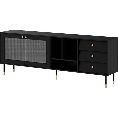 Cómoda Feletri 104, Negro, Con cajones y puertas, Número de cajones: 3, 75x200x39cm (1/4)