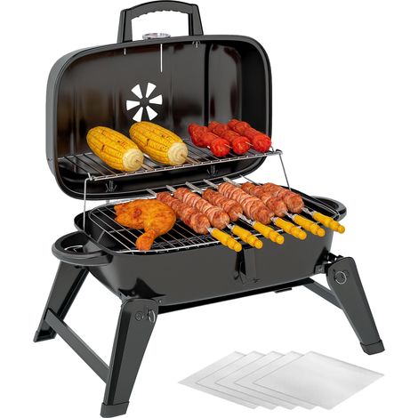 Outsunny Charcoal Barbecue Grill Folding BBQ Grill with 1232 cm² Cooking Area, Adjustable Vent, Thermometer, Handles for Camping Picnic, Black