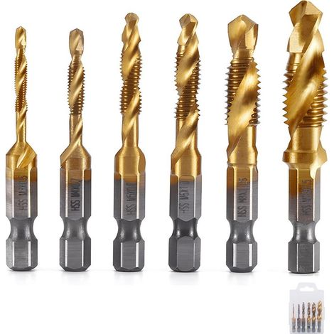 Jeu de tarauds pour métaux, 6 pièces, forets à queue hexagonale, tarauds hélicodaux HSS, tarauds pour vis hélicodales, jeu de tarauds pour machines à percer les rainures hélicodales M3-M10, Court (1/5)