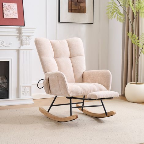 Fauteuil à bascule rembourré beige tissu chenille, dossier haut confortable pour salon chambre bureau, dimensions 63×92×89 cm (1/5)