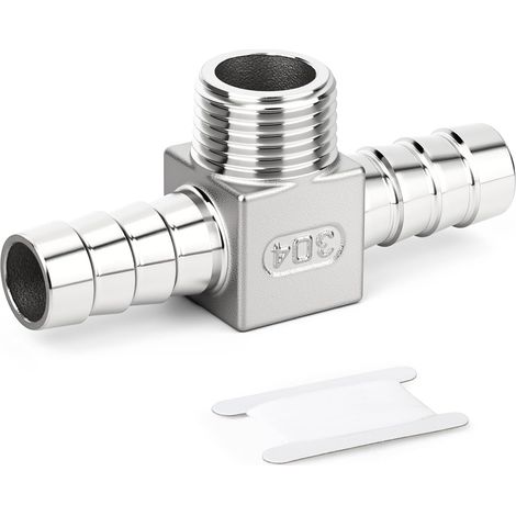 1 pièce raccord en T en acier inoxydable 304, 1/2" BSP mâle x 15mm à femelle x 15mm à femelle, raccord de tuyau à 3 voies avec collier de serrage pour air/liquide/gaz (1/5)