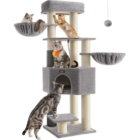 Feandrea – Arbre à chat grand et stable 50 x 50 x 160 cm – Tapis chaud, 9 griffoirs en sisal, 2 auto-toiletteurs – Base renforcée pour stabilité