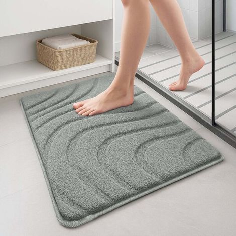 Lot de 2 Tapis de Bain Antidérapants en Microfibre 50x80 cm Absorbant. Lavable. Design Élégant Gris avec Motif Ondulé (1/5)