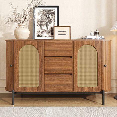 Sideboard oval aus MDF in Nussbaumoptik mit Rattantüren, 3 Schubladen, Schiebetüren und verstellbaren Böden (1/5)
