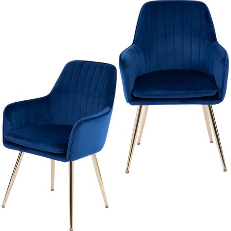 Lot de 2 chaises de salle à manger en tissu bleu avec accoudoirs, dossier arrondi et piètement métal doré, confort élégant pour cuisine, salon - CHICFURN (1/5)