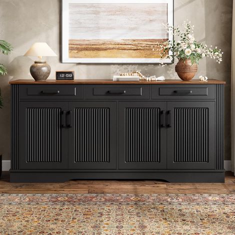 Buffet Bois Massif Noir, Enfilade Moderne 3 Tiroirs 4 Portes Motif 3D Cannelé - Meuble de Rangement Salon Couloir, 160x40x75 cm