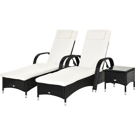 Ensemble table de jardin 3 meubles polyrattan métal noir blanc crème