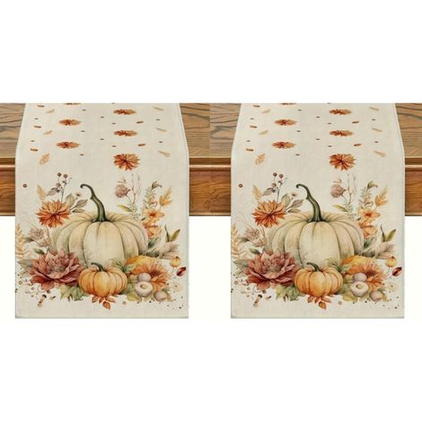 Camino de mesa otoñal con estampado de calabazas y hojas blancas, ideal para decorar la cocina y el comedor, 33 x 183 cm (2 piezas). (1/5)