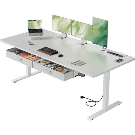 EcoFurnix Steh- und Sitzschreibtisch, 180 x 80 cm, mit integrierter Steckdose, 2 herausnehmbaren Schubladen, USB-C-Anschluss, Weiß (1/5)