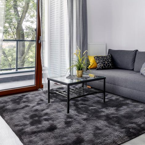 Tapis Shaggy Long Poil Tie-Dye, Lavable & Antidérapant, Doux et Moelleux, Salon, Chambre, Enfant, 120x180 cm, Anthracite (1/5)