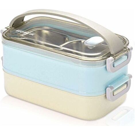 2 couches boîte à lunch en acier inoxydable portable thermique boîtes à bento boîte à lunch isolée lunch box isotherme conteneurs de stockage des aliments pour École bureau 1.6L Bleu (1/5)