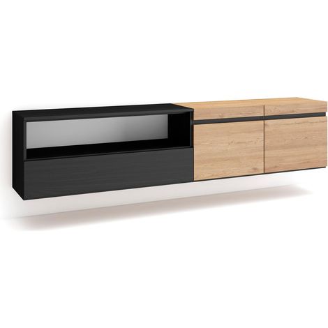 Skraut Home - Mobile TV Soggiorno, Ampio spazio a disposizione, 200x45x35cm, Per TV fino a 80", Sospeso, da appendere, Stile moderno, Rovere e nero (1/5)