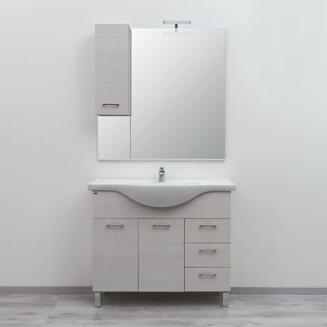 Mobile bagno a terra 2 ante 3 cassetti specchiera e lampada LED Quercia Bianco (1/5)
