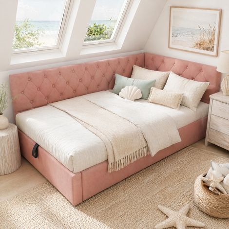 MEUBLIV Lit 90x200 cm rose – tête de lit en L, rangement hydraulique, sans matelas (1/5)