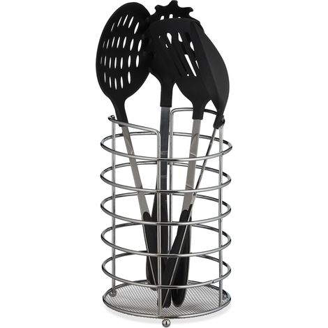 Relaxdays Portautensili XL da Cucina, per Posate, Rotondo, Utensili, Acciaio Inox, HxD: 22,5x15 cm, Portaposate, Argento (1/5)