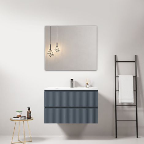 Mobile bagno sospeso cannettato 80 cm Blu Mare Lavabo in Ceramica Specchio Quadro - Fiji Paint (1/4)