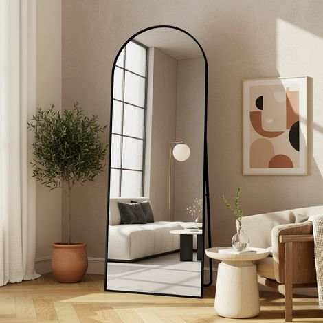 Specchio da Terra ad Arco 177x77 cm - Grande Specchio a Figura Intera con Cornice in Alluminio - Autoportante o da Parete - Nero