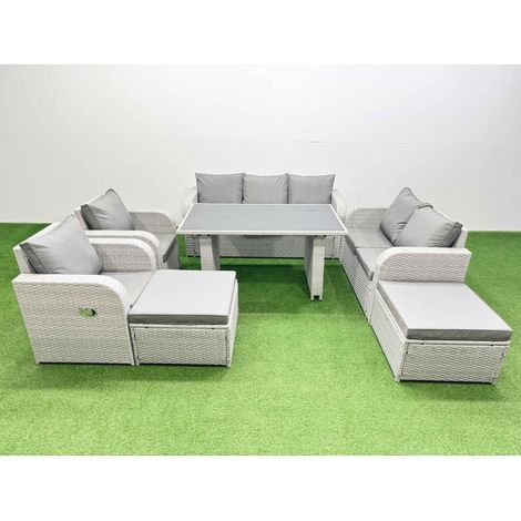 Fimous 9 Seater Garden Furniture Set PE Ratten Garden Sofa Set with Rectangular Dining Table 2 Big Stool Light Grey (1/5)