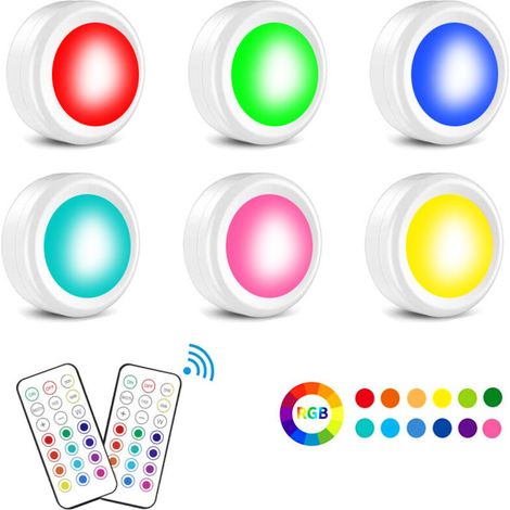 Lampes de placard, 13 couleurs sans fil sous armoire avec télécommande, veilleuses LED à intensité variable, paquet de 6 (1/4)