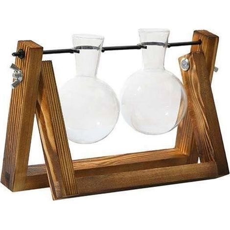 2x Vermehrungsstation Glas Hydroponik Pflanzgefäß Blumenzwiebel Terrarium Vase mit Retro Holzständer für hydroponischen Anbau (1/4)