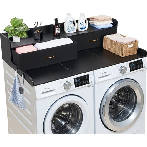 VEVOR Encimera para Lavadora y Secadora 137 x 69,9 cm, Cubierta Superior de Madera Soporta hasta 113 kg con 2 Cajones, Ganchos Laterales, Estante, Ancha para Cocina Baño Lavadero Balcón, Color Negro (1/5)