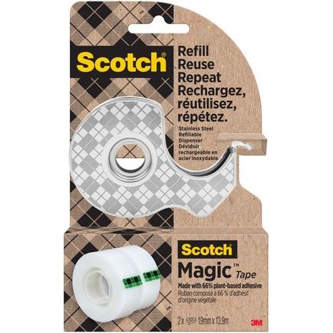 SCOTCH DISPENSADOR DE ACERO INOXIDABLE RECARGABLE PARA CINTA ADHESIVA + 2 ROLLOS DE 19MMX13,9M