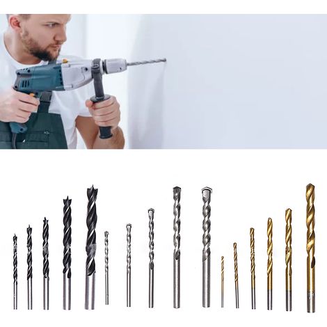 Jeu de 16 forets HSS bois, béton et métal, forets à métaux et maçonnerie, accessoires pour perceuse, kit professionnel de perçage. (1/5)