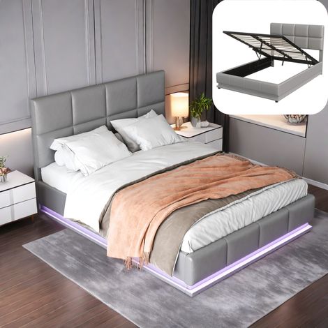 Letto contenitore 140x200 cm con illuminazione a LED, contenitore idraulico, tessuto similpelle, letto matrimoniale imbottito - Grigio (1/5)
